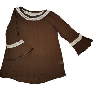 Umgee Sheer Brown Cream Lace Rounded Hemline 3/4 Bell Sleeve Size M............